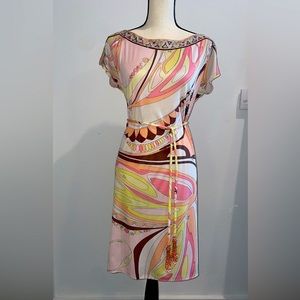 Emilio Pucci Pink/Yellow Pattern Silk Dress